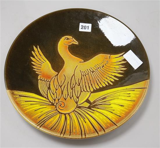 A Poole pottery Aegean pattern charger, painted with a bird by D.Davis 35cm.